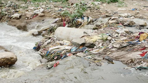 The ocean of garbage in the river banks Stock Footage 139339292