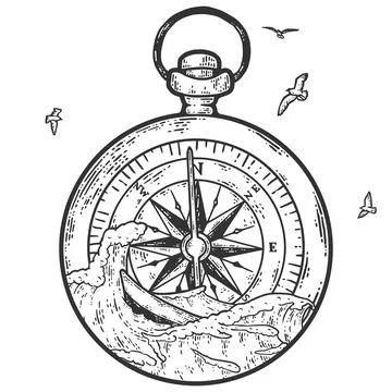Ocean graphic vector illustration with compass, waves. Travel, outdoor Stock Illustration
