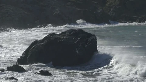 Ocean hitting big rock with bird on top Stock Footage 71106755