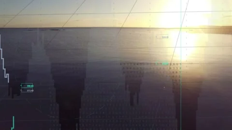 Ocean horizon data overlay showing matrix filling causing blocks dropping, lines Stock Footage 332978603