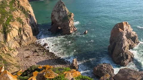 Ocean landscape with waves and rocks, portuguese beach at Cape Roca Stock Footage 232046598