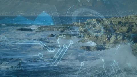 Ocean lapping outcrop initiating 3D overlay pulsing graphs and spinning gauge Stock Footage 311083706