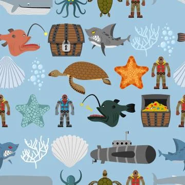 Ocean life seamless pattern. Shark and  sea turtle, submarine and diver. Ches Stock Illustration
