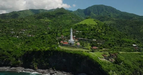 Ocean lighthouse perched on cliff with stunning aerial view Stockbeeldmateriaal 275681993