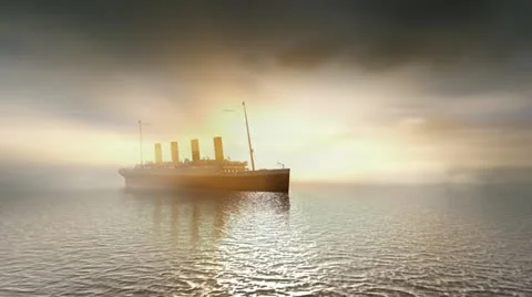 Ocean liner Titanic on calm sunset seas Stock Footage