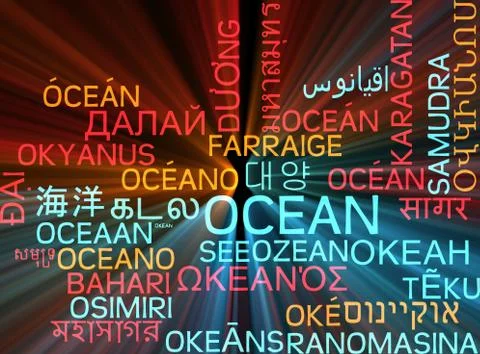 Ocean multilanguage wordcloud background concept glowing Stock Illustration