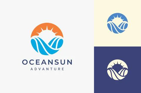 Ocean or beach logo with simple sun and ocean shape Stock Illustration