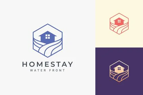 Ocean or beach theme resort logo in simple line and hexagon shape Stock Illustration