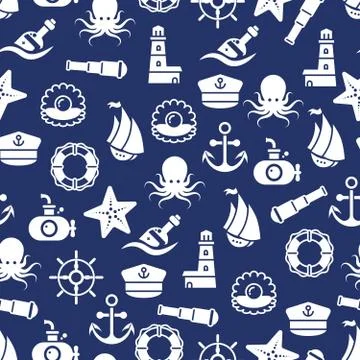 Ocean or sea seamless pattern with anchor boat bottle shell octopus Stock Illustration