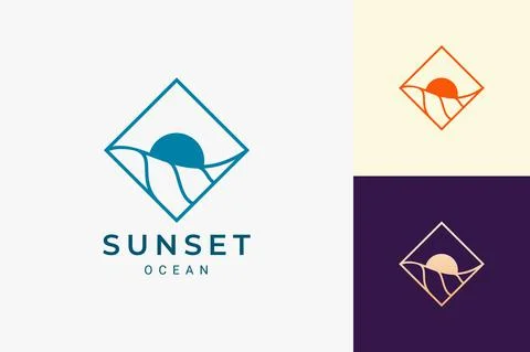 Ocean or surf logo in simple rhombus with wave and sun shape Stock Illustration