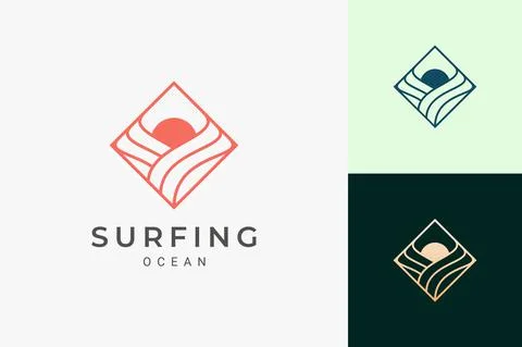 Ocean or surf logo in simple rhombus with wave and sun shape Illustrazione stock