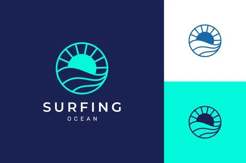 Ocean or water theme logo with waves and sun in circle Illustrazione stock