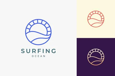 Ocean or water theme logo with waves and sun in circle Stock Illustration