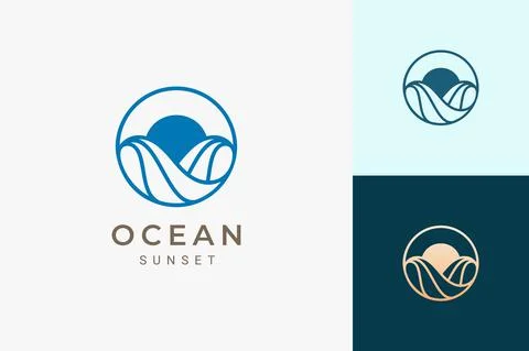 Ocean or water theme logo with waves and sun in circle Stock Illustration