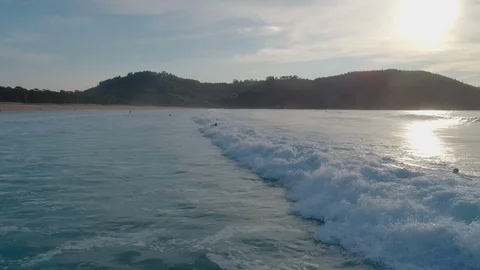 Ocean. People. Surfing. Water. Nature. Sunrise. Spain. Aerials. 4k. Drone Video stock 97147953