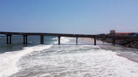 Ocean Pier and Walkway Under a Clear Sky with Waves and a Coastal View Stock Footage 243201322