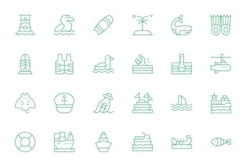 Ocean PIXEL Perfect Vector Set with 24 Retina Ready Thin Line Icons Stock Illustration