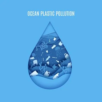 Ocean plastic pollution poster. Paper cut drop form depth under water sea cave Illustrazione stock
