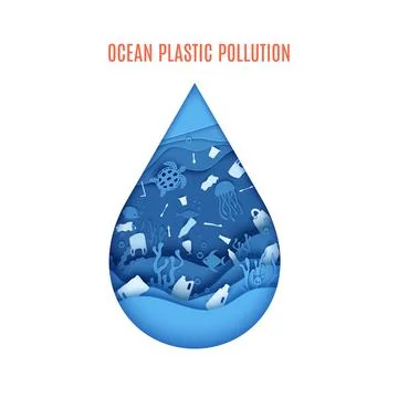 Ocean plastic pollution poster. Paper cut drop form depth under water sea cave Illustrazione stock