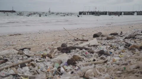 Ocean Plastic Waste Pollution, Dirty Polluted Trash Beach Bali Indonesia Stock Footage 299787650