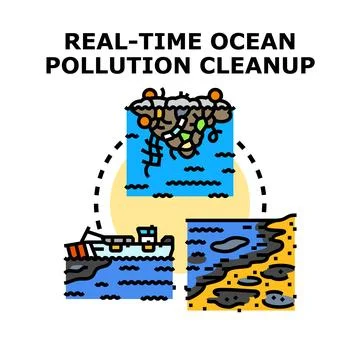 Ocean pollution cleanup process controlling marine contamination Stock Illustration