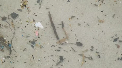 Ocean pollution. Close up of microplastic and debris floating in shallow water Stock Footage 287350175