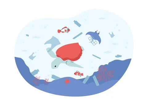 Ocean pollution concept. Turtle swims next to bottles. Ocean pollution from Stock Illustration