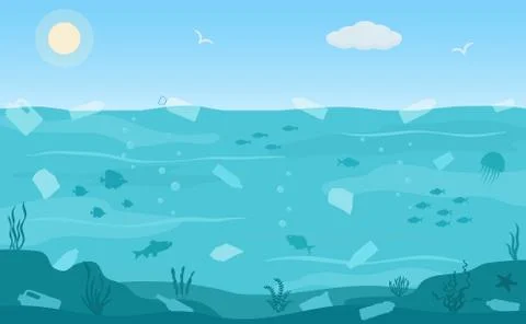 Ocean pollution, plastic bottles and trash  in water. Ecology problems concept. Stock Illustration