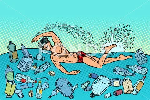 Ocean pollution by plastic trash. Ecology concept. virtual reali Stock Illustration