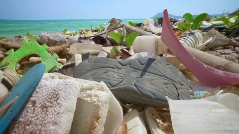 Ocean Pollution with Plastic Waste. A Lot of Plastic Debris and Other Waste Lies Stock Footage 250145081