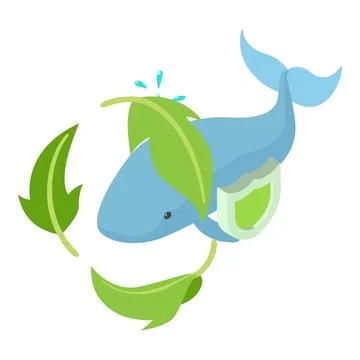 Ocean protection icon isometric vector. Blue whale in leaf circle behind shield イラスト素材