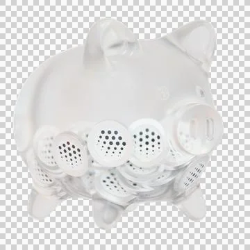 Ocean Protocol (OCEAN) Clear Glass piggy bank with decreasing piles of crypto 库存插图