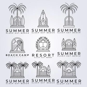 Ocean resort summer surfing bundle logo vector illustration design resort haw Stock Illustration