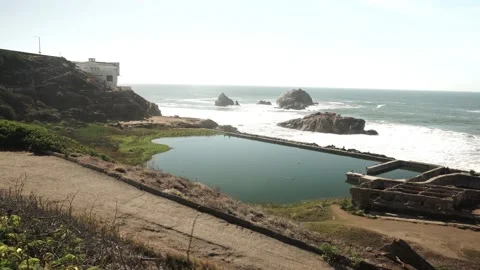 Ocean With Rock Formations and Waves, Sutro Baths California, Gimbal Shot Stock Footage 145457086