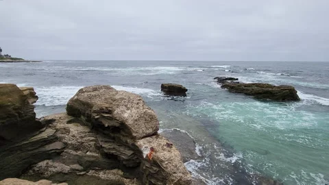 Ocean rocks and waves splashing near la jolla children's pool Stock Footage 202060264