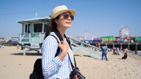 Ocean sandy beach view Santa Monica Pier Video stock 105162264