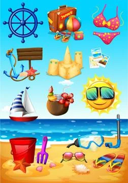 Ocean scene and beach objects 스톡 일러스트