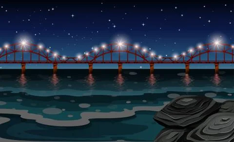 Ocean scene with bridge at night Stock Illustration