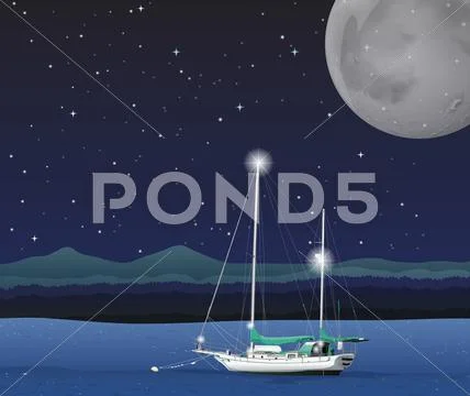 Ocean scene on fullmoon night Stock Illustration