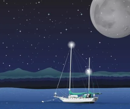 Ocean scene on fullmoon night Stock Illustration