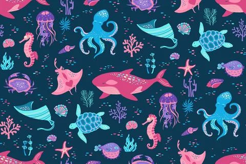 Ocean sea animals comic seamless pattern marine seashell wrapper endless Illustrazione stock