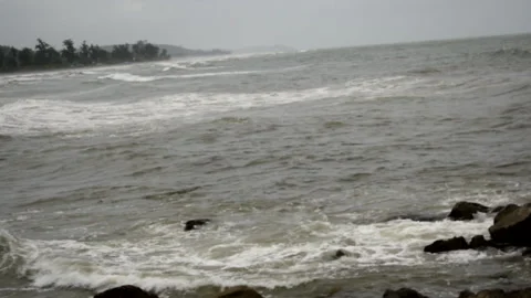 Ocean Sea Huge Waves,Crashing And Splashing On A Yellow Beach Sand In India. Stock Footage
