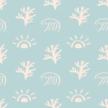 Ocean seamless pattern with corals, waves, seaweed Stock Illustration