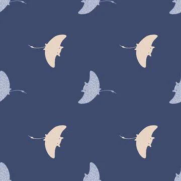 Ocean seamless pattern with minimalistic stingray shapes. Navy blue pale back Stock Illustration