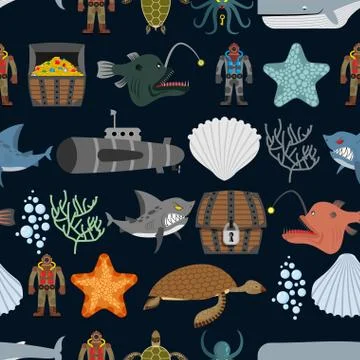 Ocean seamless pattern.  Ocean inhabitants. Starfish and shark on black backg Stock Illustration