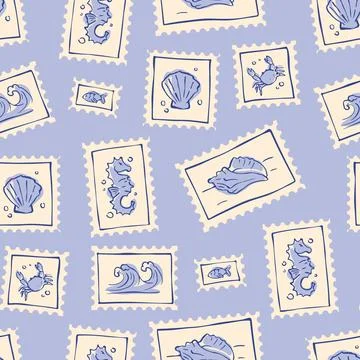 Ocean seamless pattern with postage stamp motifs Illustrazione stock