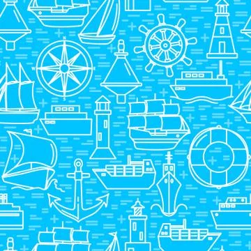 Ocean seamless pattern with ship icons in line style Stock Illustration