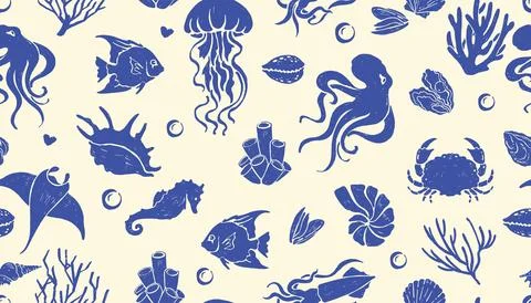 Ocean seamless pattern, summer sea background, hand drawn coastal blue Illustrazione stock