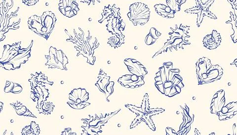 Ocean seamless pattern, vector doodle sea shell hand drawn texture Stock Illustration