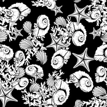 Ocean seashell, coral, starfish pattern background. 스톡 일러스트